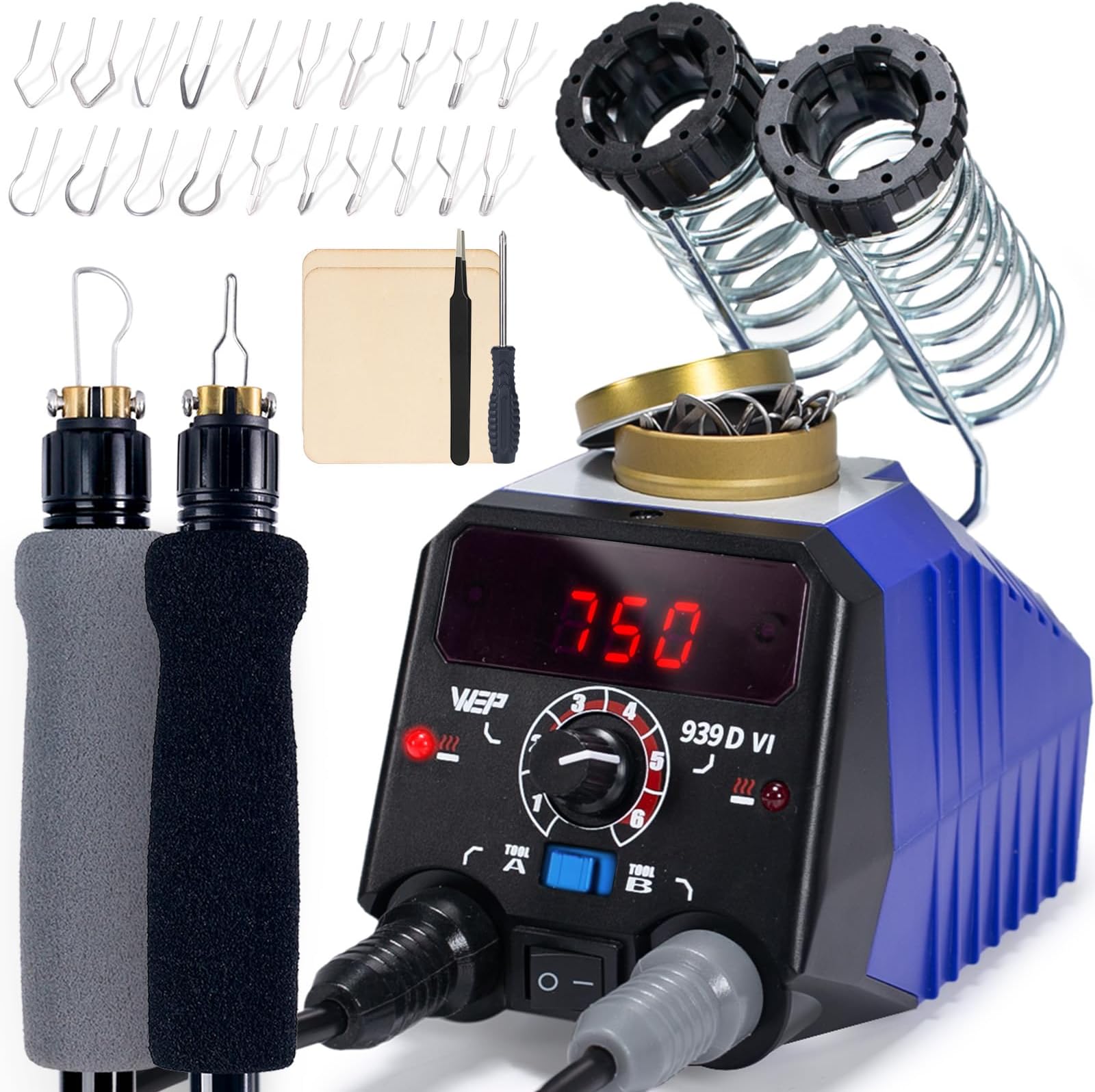 WEP 939D VI Dual Pen Wood Burning Kit 250-750℃/482-1382℉ A/B Toggle Wood Burning Tool with 2 Detachable Pens, 20 Wood Burner Tips, Dual-Barrel Holder. Suitable for Pyrography, Leather Burning Kit