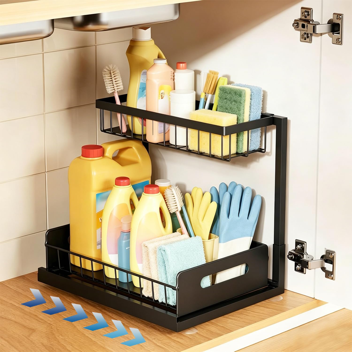devesanter Unter Waschbecken Regal,2 Etagen Küche Schrank Organizer,Metal Herausgleiten Ausziehbares Lagerregal,für Küche, Badezimmer, Speisekammer, Schrank(Schwarz