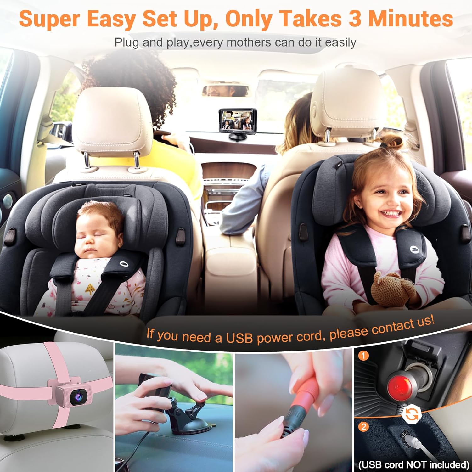 Rohent Car Baby Monitor for Baby Girls - 1080P HD, 360° Adjustable, Night Vision, 150° Wide-Angle Lens, Easy Installation, Perfect for Girls Aged 0-5, Ideal for Parents, Grandparents & Families
