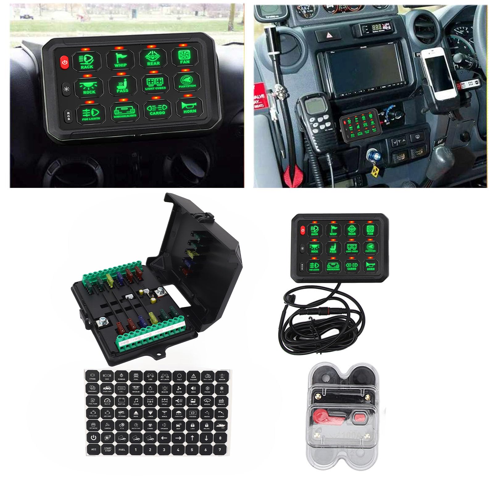 Fockety Panel de Interruptores de 12 Bandas, Interruptor de Palanca Multifunción de 12 V 24 V, Caja de Sistema de relé de Control de Circuito Momentáneo para Camión, RV, Todoterreno,