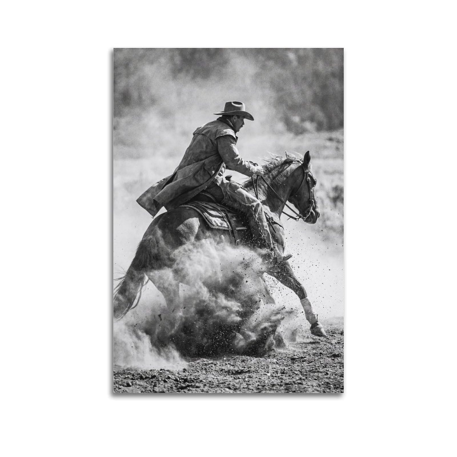 XKUGA Cowboy Horseback Riding Poster Dust Cloud Western Ranch Modern Decorative Canvas Prints - Ideal Wall Art for Family, Man Cave, Game Room, Boys & Girls Bedroom 20x30inch(50x75cm)