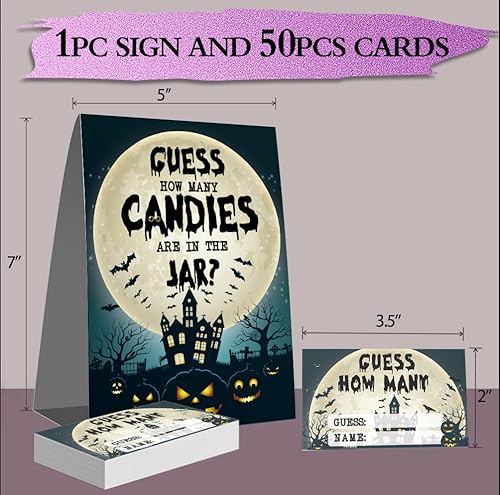 Miniatura 3 de Guess How Many Candies Are in the Tarro, entrada de inserción temática de calabaza para Halloween (1 letrero de pie + 50 tarjetas de adivinanzas),