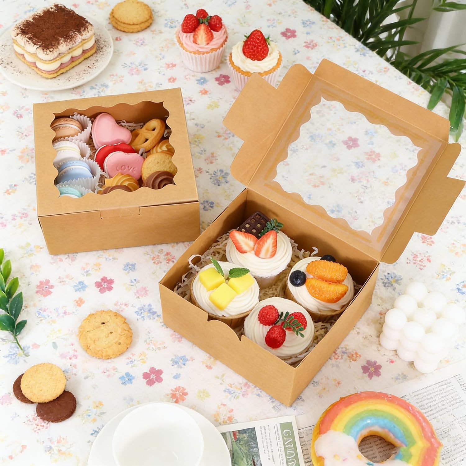 60 Pack Small Cookie Box with Window, 4"x 4"x 3" Bakery Boxes with Sticker