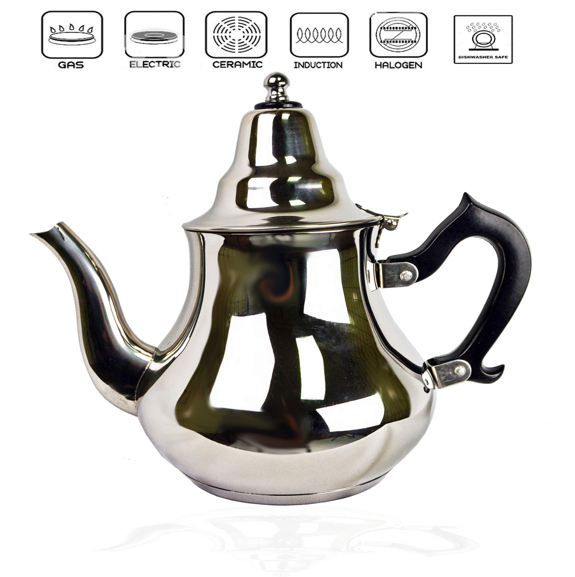 Orientalische Teekanne marokkanische arabisch mit Induktion - aus Edelstahl mit Deckel Teefilter Schnabel mit Griffe als Kaffekanne für alle Herdarten geeignet. (2,0 Liter)