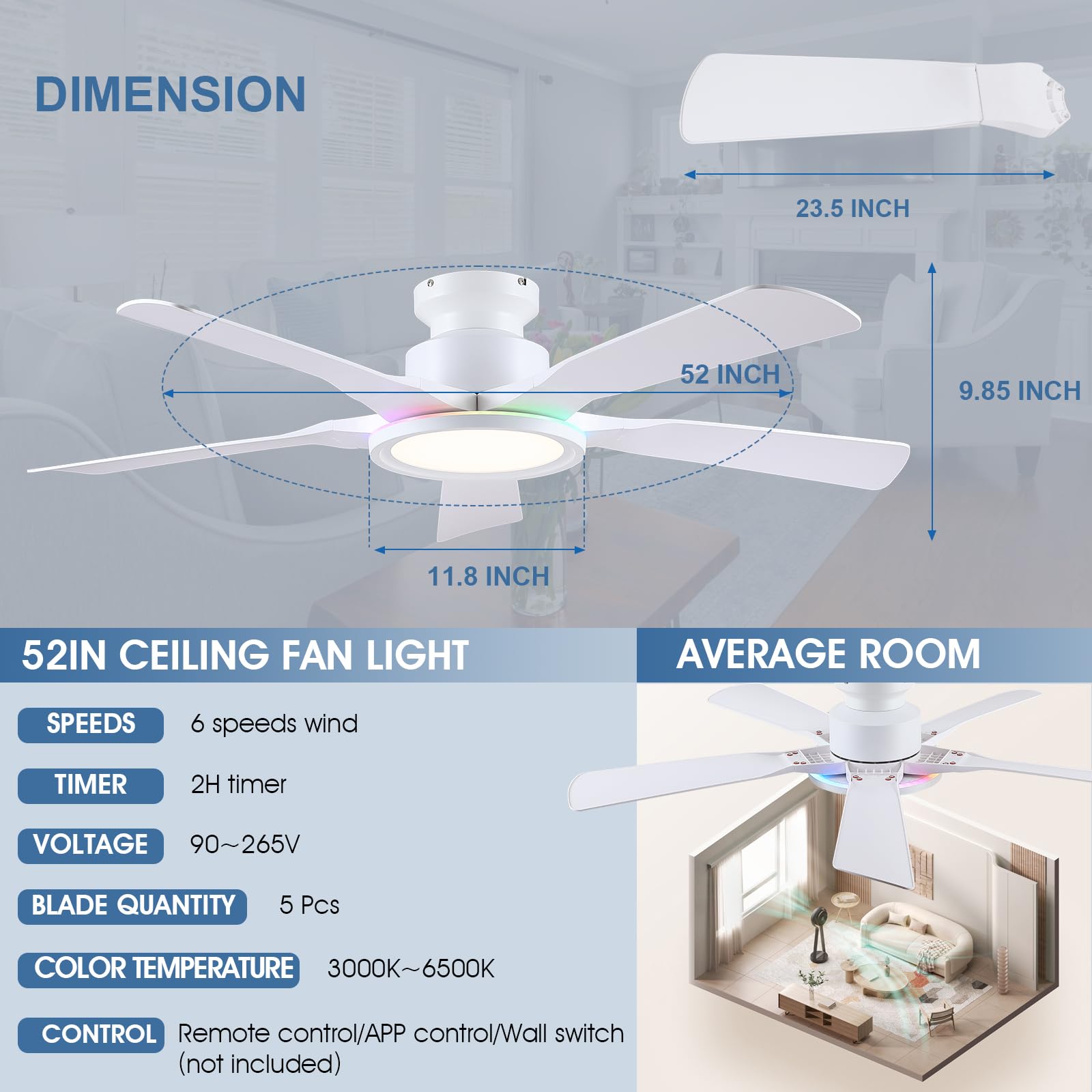 Kviflon RGB Deckenventilator mit Fernbedienung, Leise DC Motor, Umkehrbar, Dimmbar LED, 132cm Deckenventilatoren für Schlafzimmer Wohnzimmer, Weiß