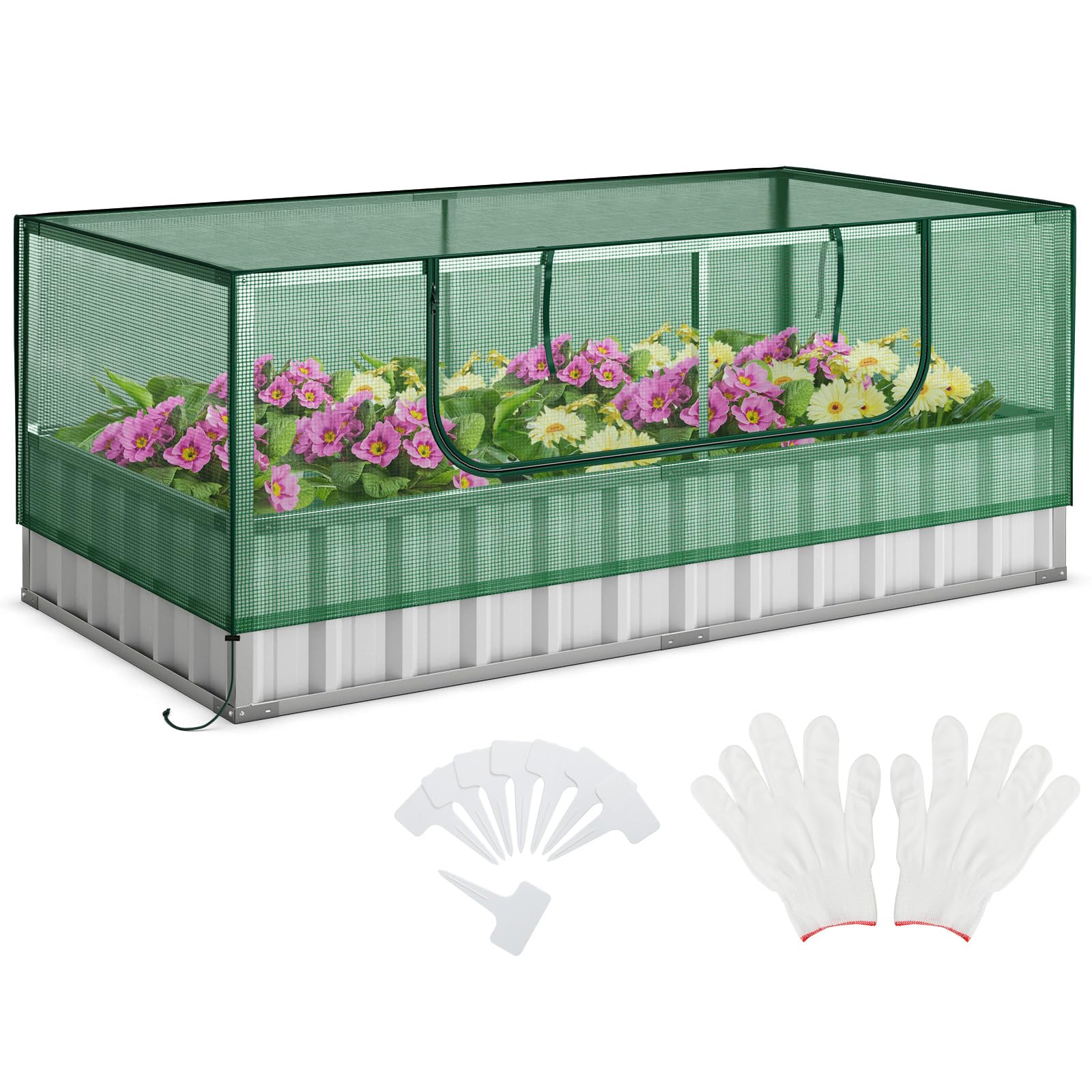 HAPPYGRILL Galvanized Raised Garden Bed with Cover, 69” x 36” x 28” Galvanized Raised Planter Box with Roll up Window, A Pair of Gloves & 8PCS T Tags, Outdoor Planter Raised Beds for Flowers, Herbs