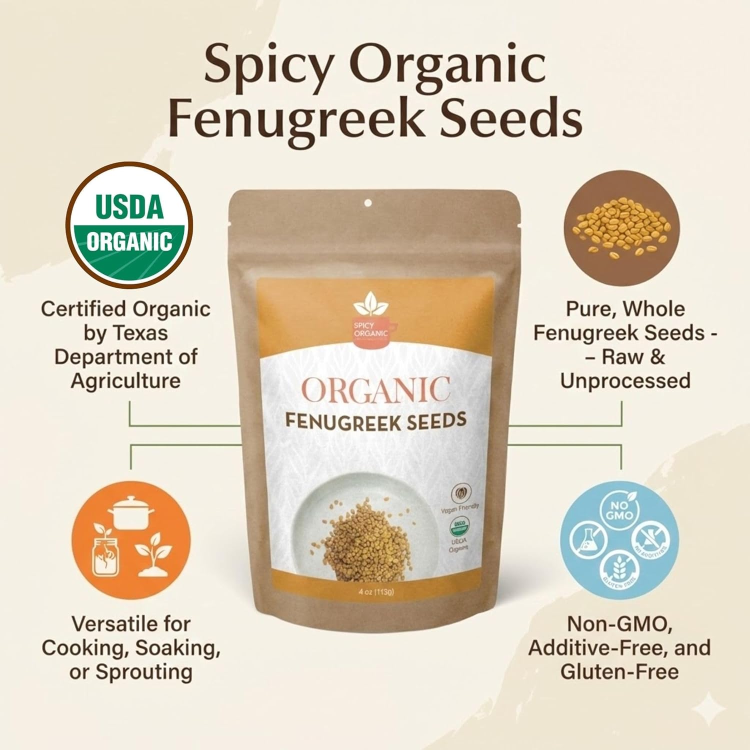 SPICY ORGANIC Fenugreek Seeds 5 lbs. - Whole Methi Seeds for Tea, Hair Care, and Indian Spice Cooking - USDA Certified Organic, Non-GMO, Gluten-Free. Packaged in a Resealable Pouch