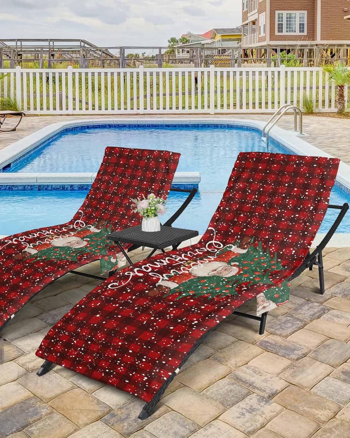 Christmas Beach Pool Patio Lounge Chaise Chair Cover Towel With Pockets,Absorbent & Quick Dry Microfiber Towel Cover Bag Summer Accessories for Sunbathing Santa Xmas Tree Red Black Vintage Plaid