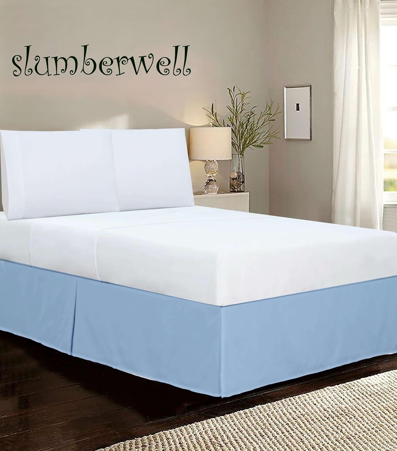 Tailored Bed Skirt for Queen Size Bed - Pleated Bed Skirt with Split Corners - Easy Fit 100% Soft Microfiber - Box Pleated Bed Skirt - Bed Skirt Split Corner Pleated Style - (Queen / 16" - Light Blue)