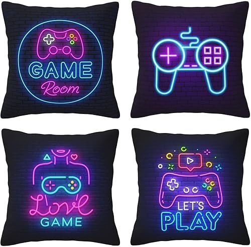 Miniatura 1 de Juego de 4 fundas de almohada cuadradas de 18 x 18 pulgadas con signo de neón para videojuegos, decoración del hogar, sofá, silla, automóvil para