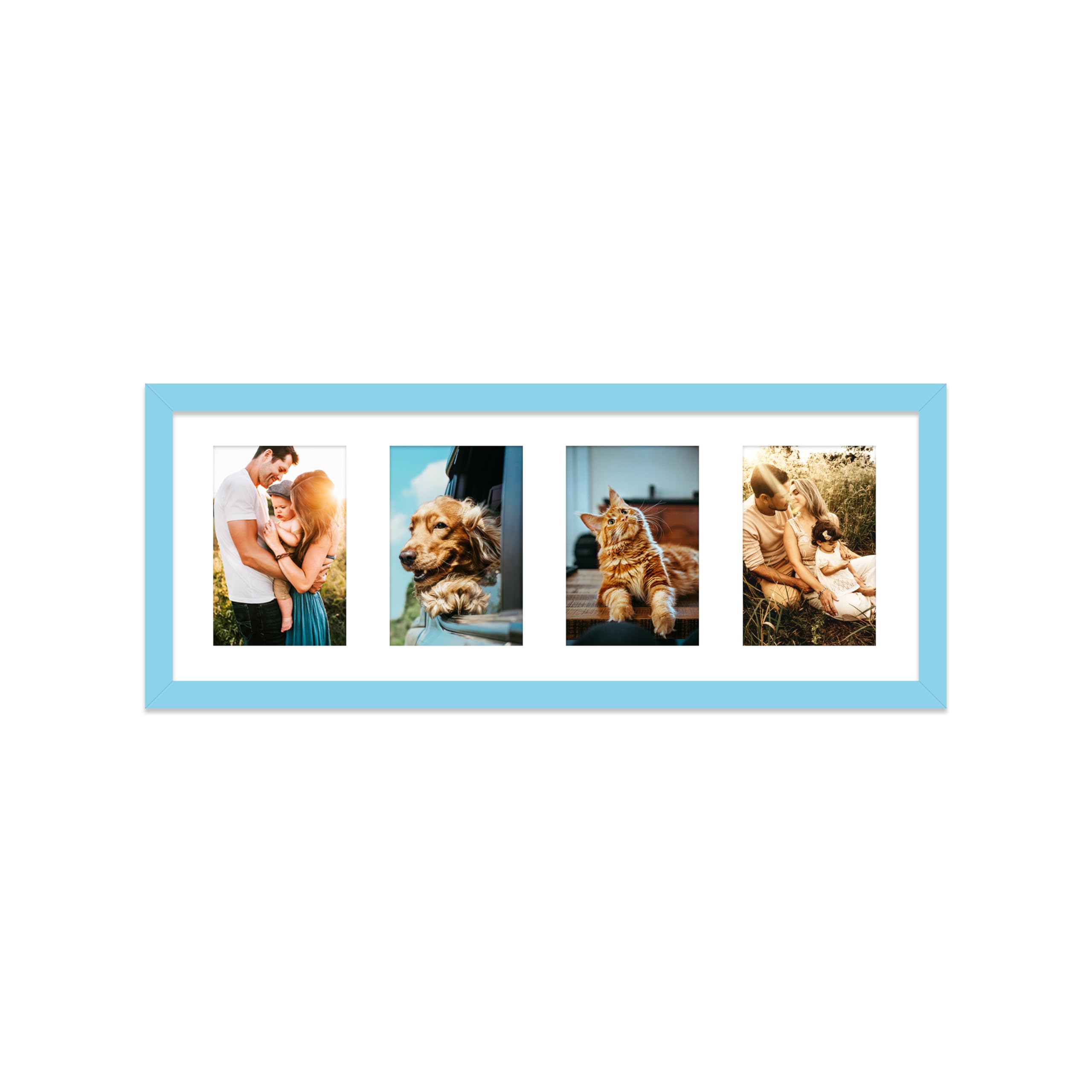 Light Blue Multi Photo Frame - Holds 4 x 6x4 Pictures, Family Collage Picture Frame for Wall Display, 8x22 Panoramic Frame Size, Pack of 1