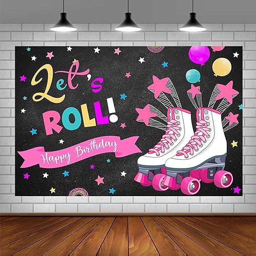 Miniatura 3 de SENDY Telón de fondo de cumpleaños de 7 x 5 pies para niña, globo de estrella rosa, confeti, suministros de decoración de fiesta, patinaje sobre