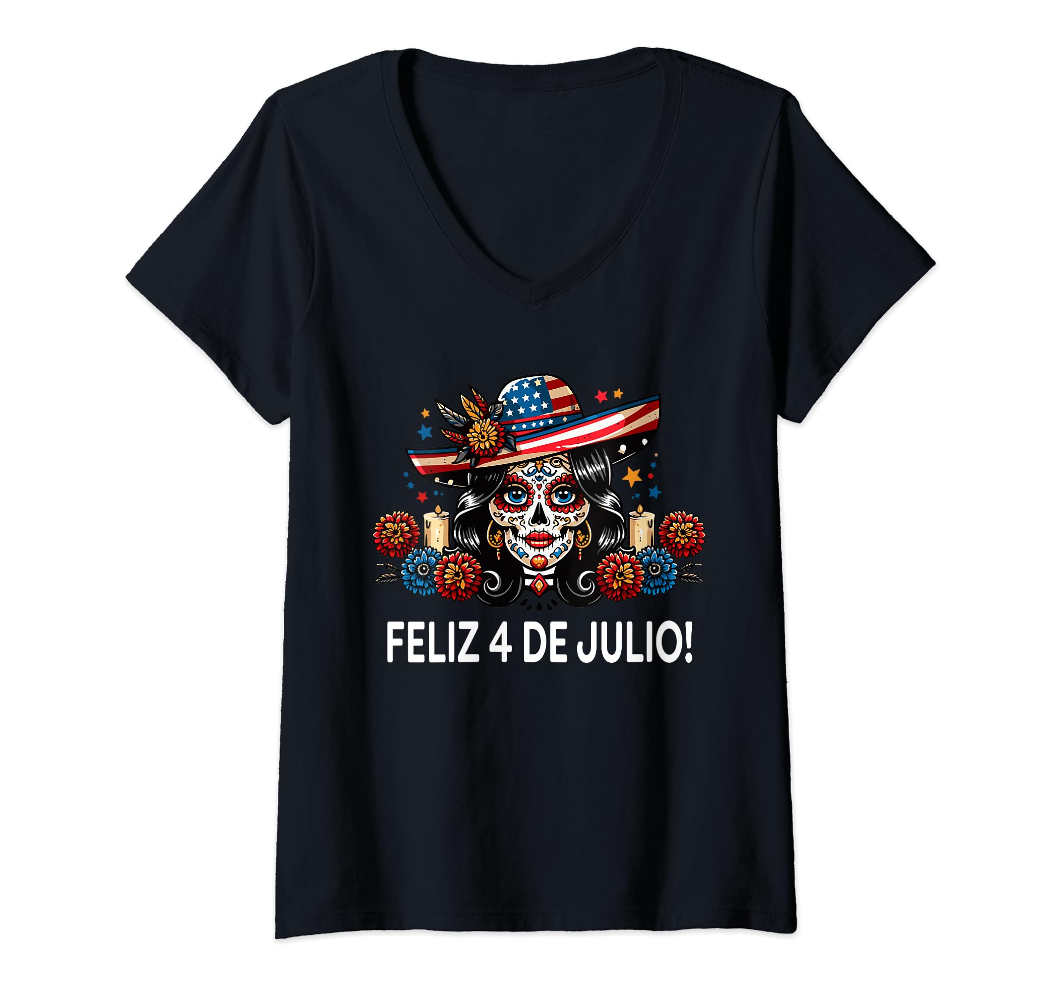 Patriotic Latinos American CollectionWomens Feliz 4 de Julio Mexican Latina Proud USA Flag Colors Women V-Neck T-Shirt