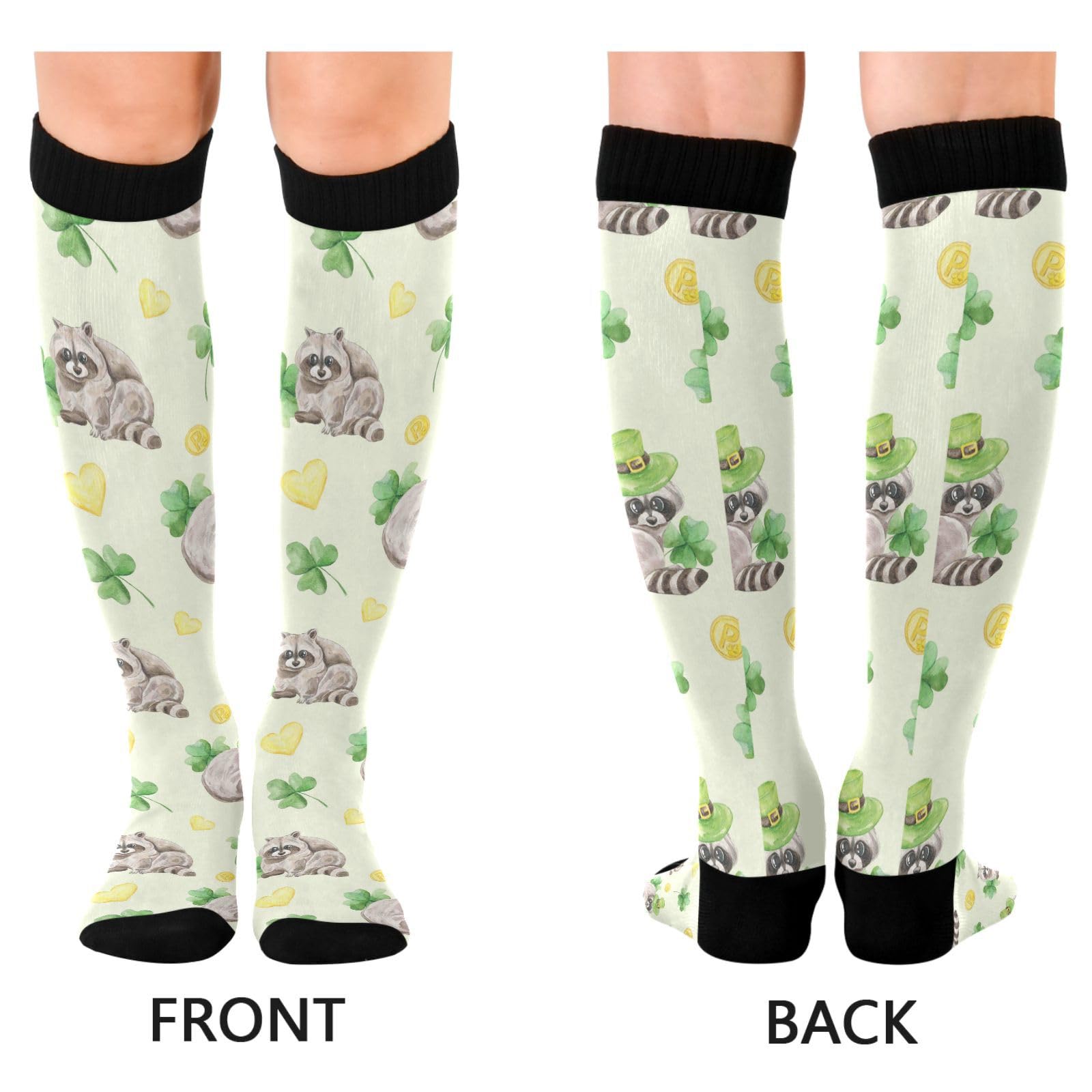 Patricks Day Coins Clover Raccoon Compression Socks for Women Men Christmas Circulation Long Knee Socks for Winter Warm Stockings Socks
