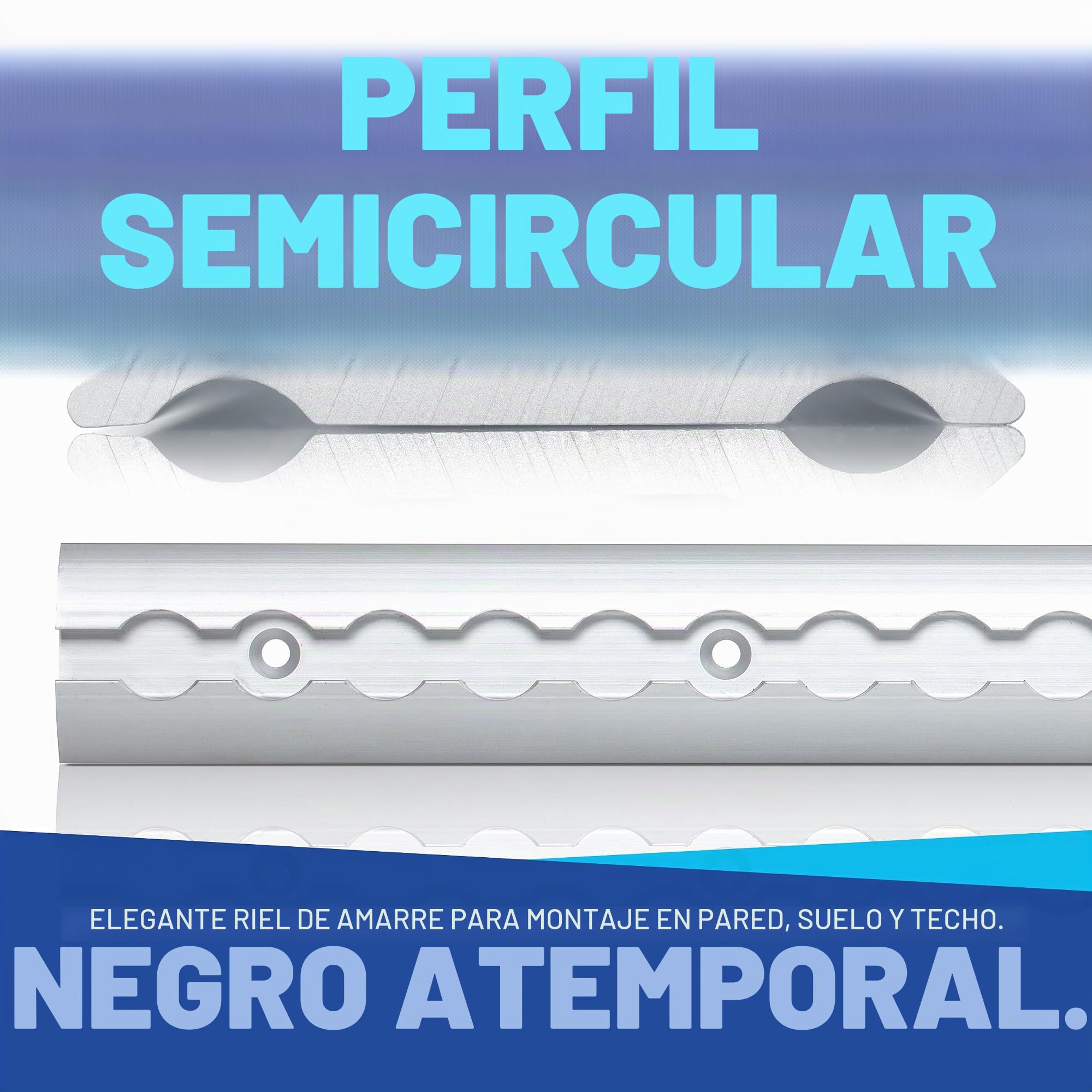 NTG Riel de amarre redondo de aluminio de 2 x 2 m, forma semicircular, 2 m 1975 mm, con 10 accesorios de plástico, para camiones y autocaravanas, color plateado anodizado