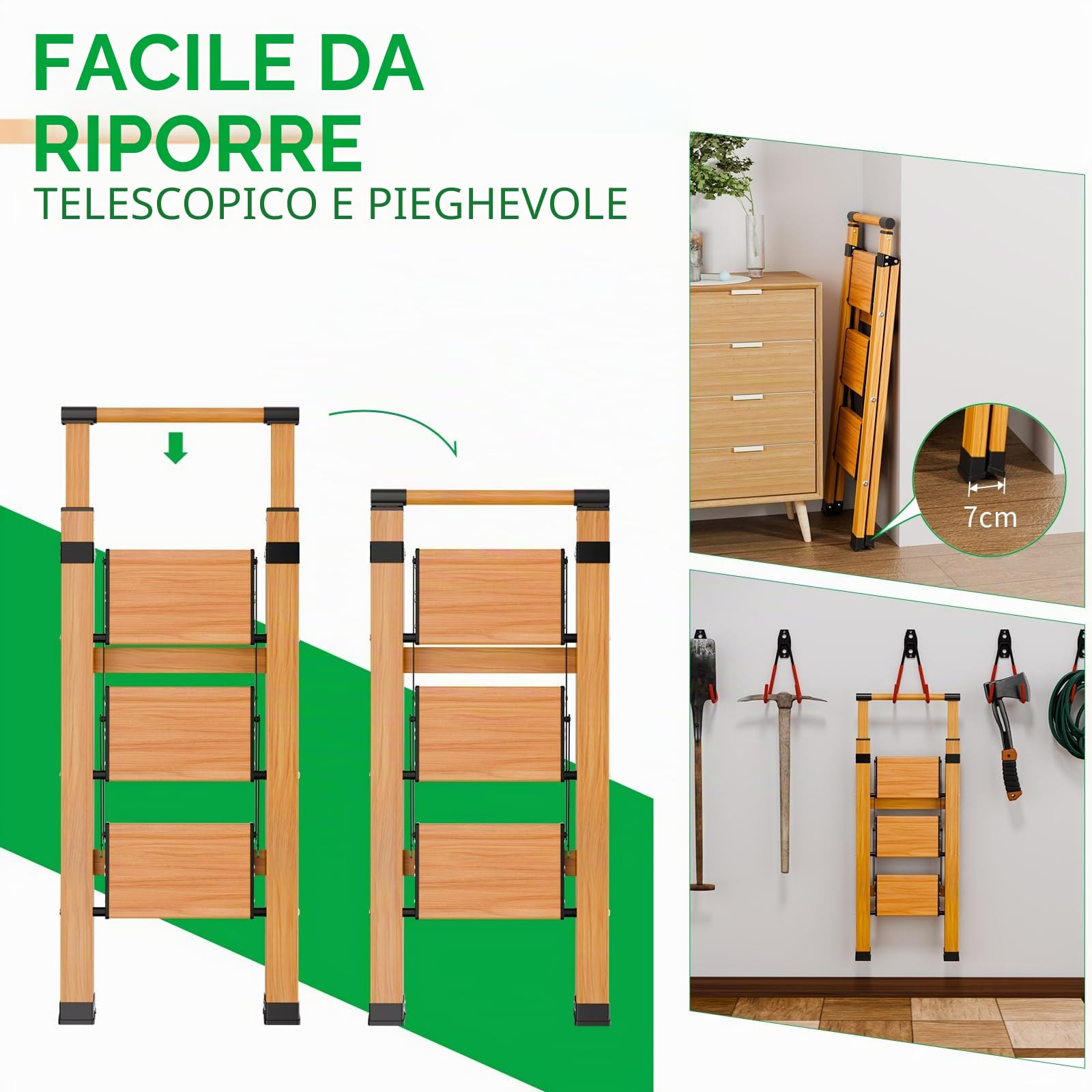 KULACO Scala multifunzione a 3 gradini antiscivolo, venature in legno, alluminio, fino a 150 kg