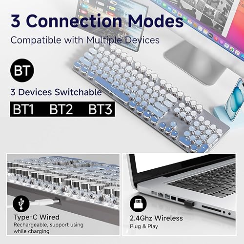 Miniatura 3 de EWEADN - Teclado mecánico inalámbrico, 104 teclas de color degradado con retroiluminación blanca, anti-fantasma, interruptor azul