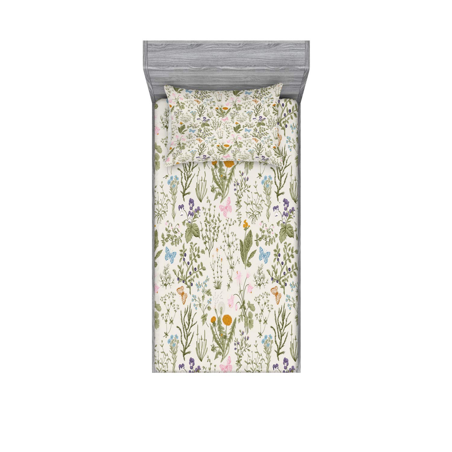 Ambesonne Floral Fitted Sheet & Pillow Sham Set, Vintage Garden Plants Botanical Classic Design, Decorative Printed 2 Piece Bedding Set for Dorm Room Bedroom Decor Twin XL Size, Pink Blue