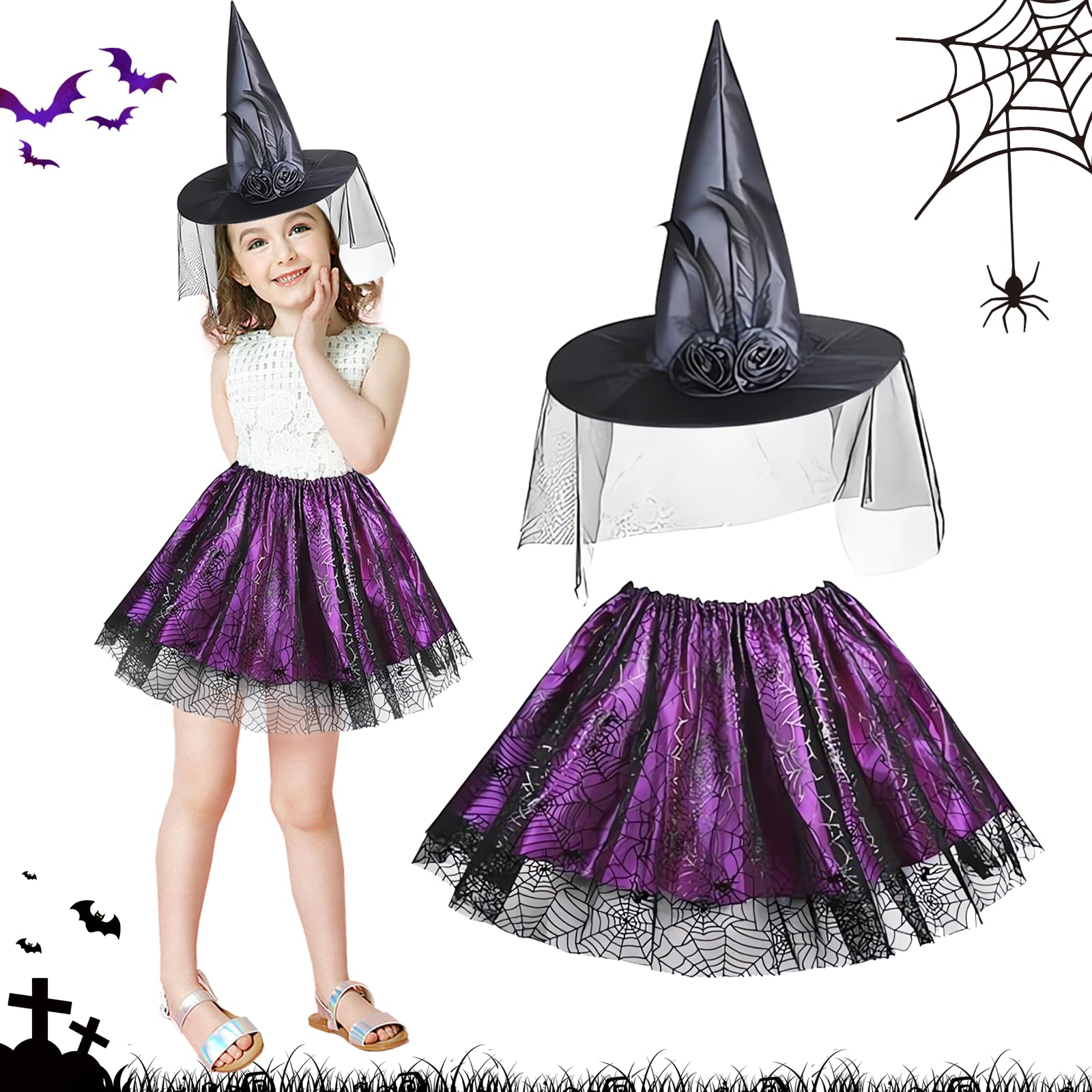 SUFANG Disfraz Bruja Halloween Disfraz Bruja Niña Tutu con Gorro Disfraz De Bruja De Halloween 3-8 AÑos Disfraces Halloween Disfraz Halloween Niña para Cosplay de Halloween Fiesta de Carnaval