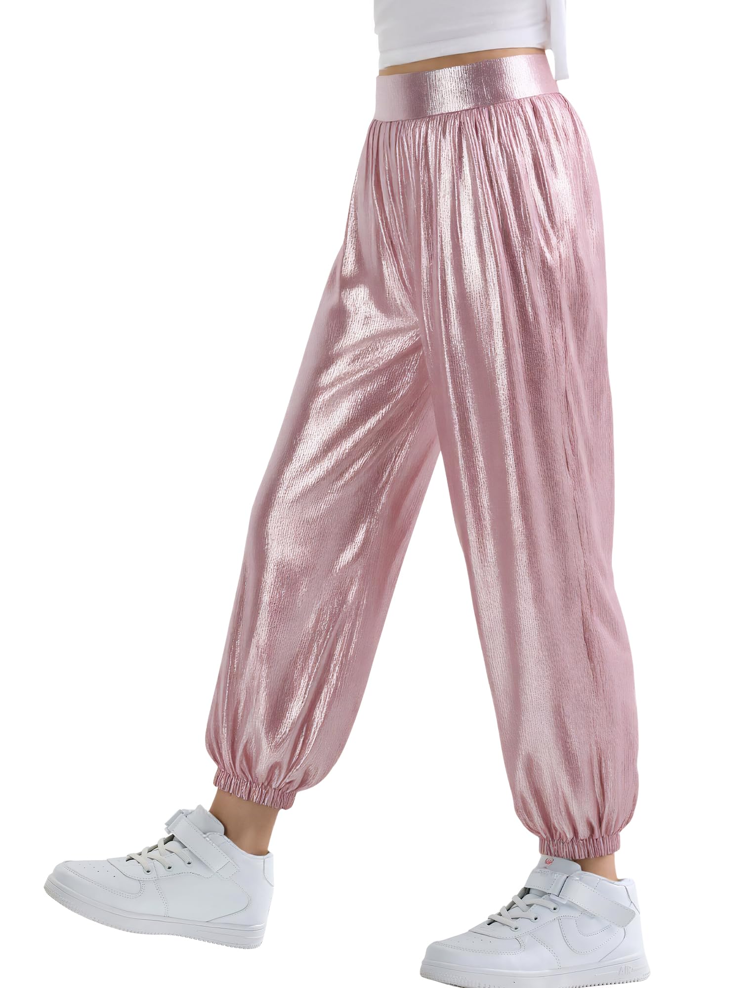 SEAUR Pantaloni lucidi per bambini e bambine, Hip Hop, pantaloni da danza metallici, per festival, ballo, streetwear 110 – 160 = (EU 104 – 158)