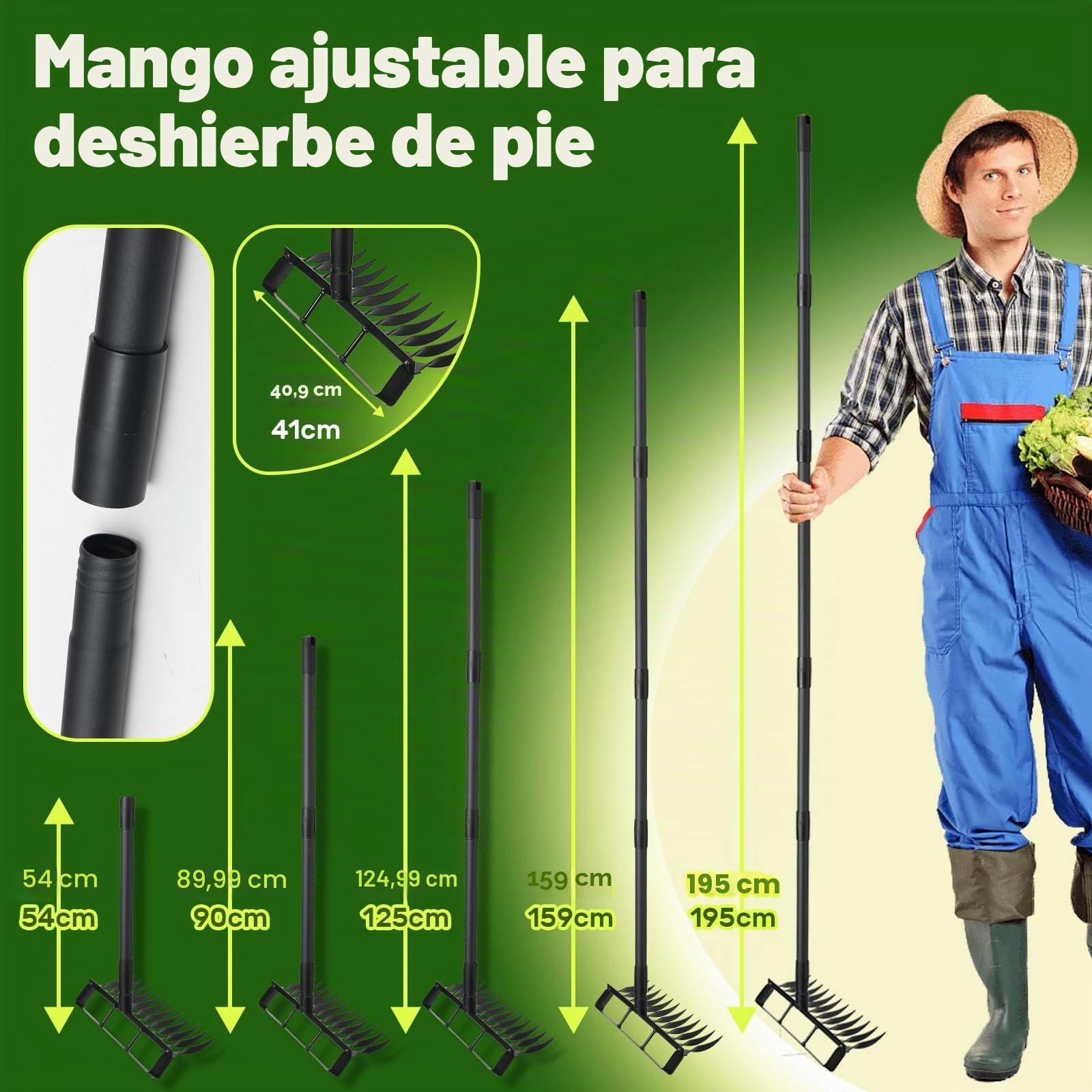Herramienta de jardín azada 2 en 1, cultivadores de 12 dientes para jardinería, herramienta extractora de malas hierbas con mango largo de 193 cm para jardinería, deshierbe, siembra, excavación