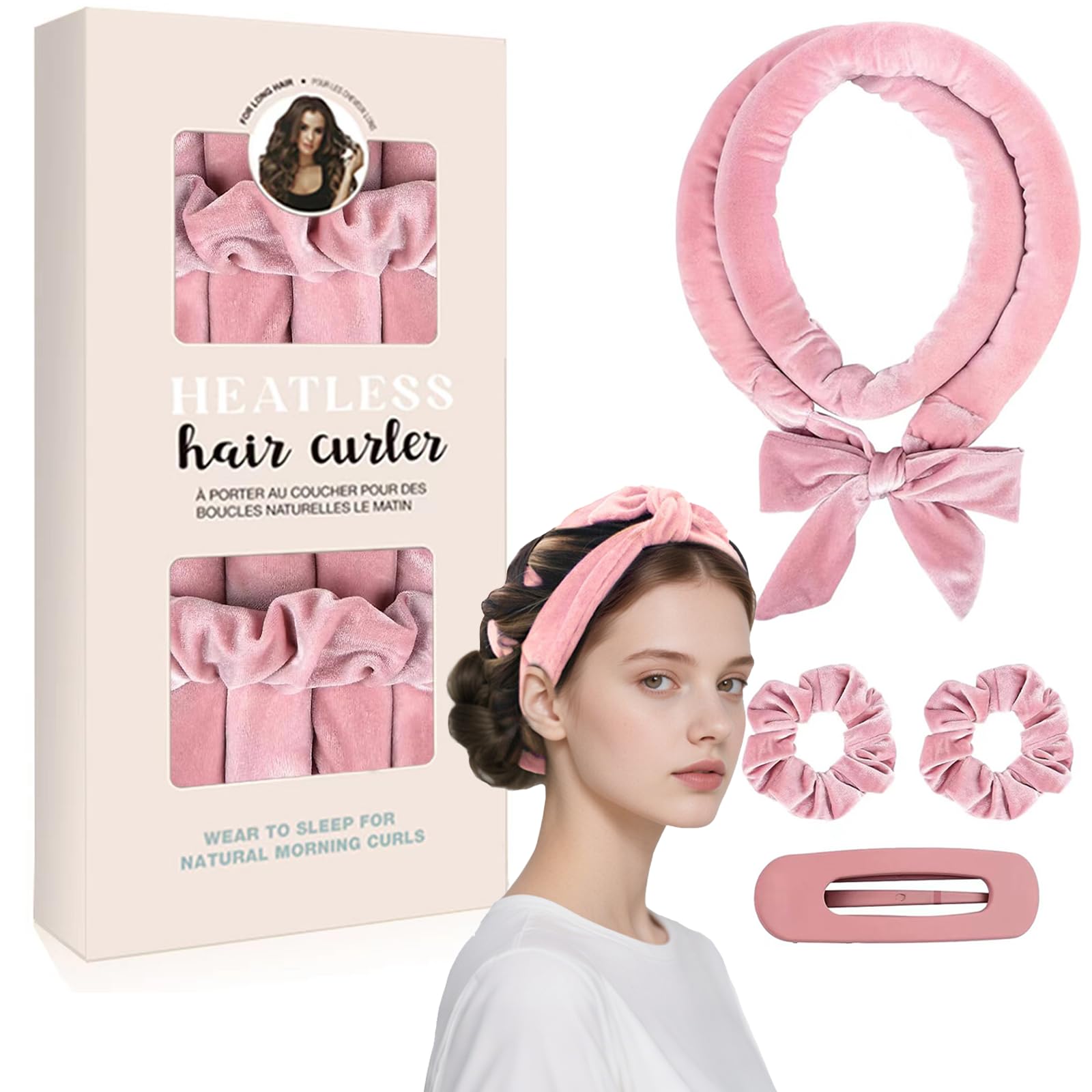 4-Piece Heatless Curlers Set, Satin Curler Headband with Curling Rod, Scrunchies & Clips