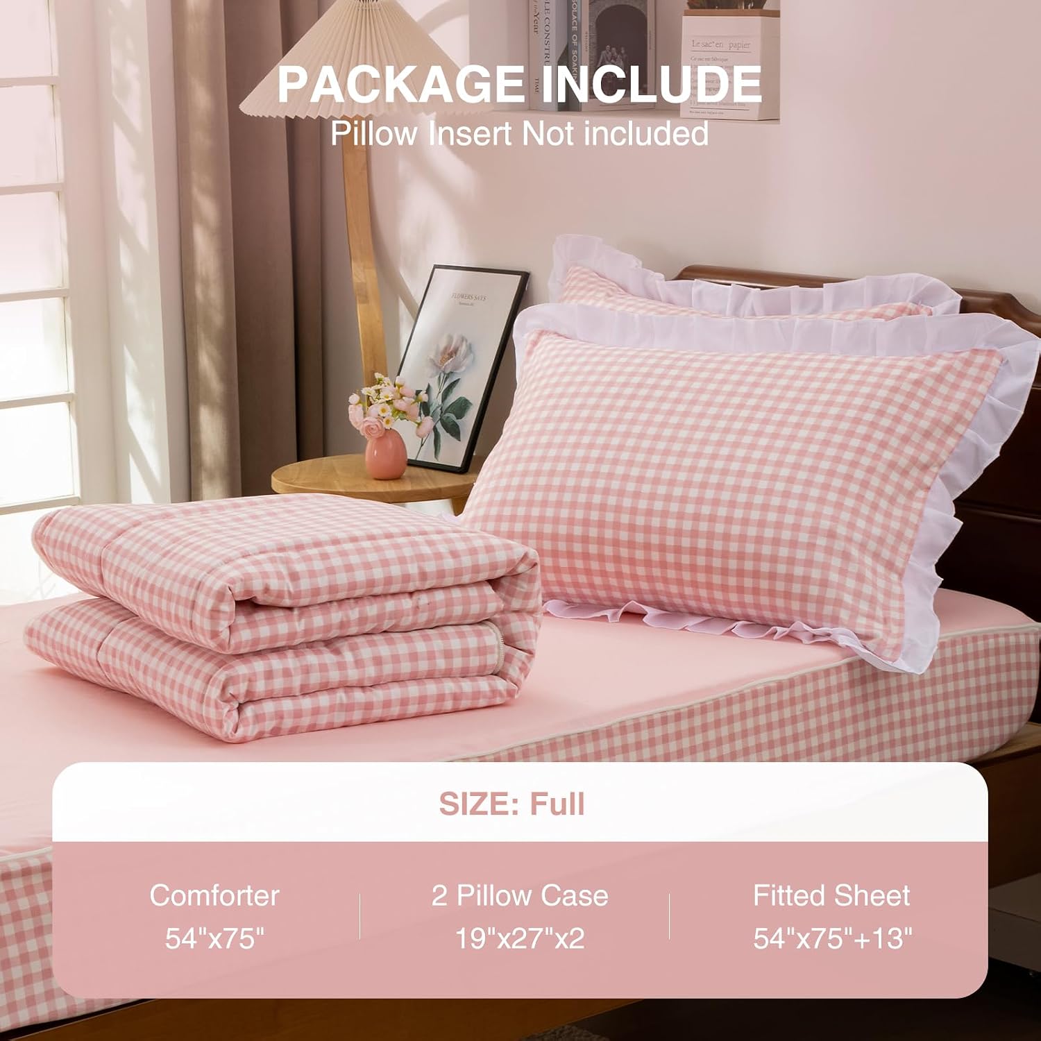 Aimuan Zipper Bedding Checked Zip Up Plaid Zippered Bed Set (Pink,Full)