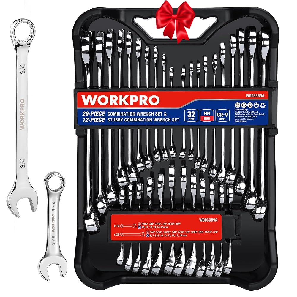 WORKPRO 32-Piece SAE & Metric Combination Wrenches Set, 20-Piece Standard wrenches and 12-Piece Stubby Wrenches with Organizer Tray, Cr-V Steel Mirror Chrome Polished
