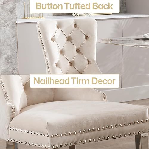 Miniatura 4 de Homedraft Nikki Collection - Juego de 2 sillas de comedor de terciopelo con patas acrílicas y anillo de tracción, silla auxiliar de lujo con ribete