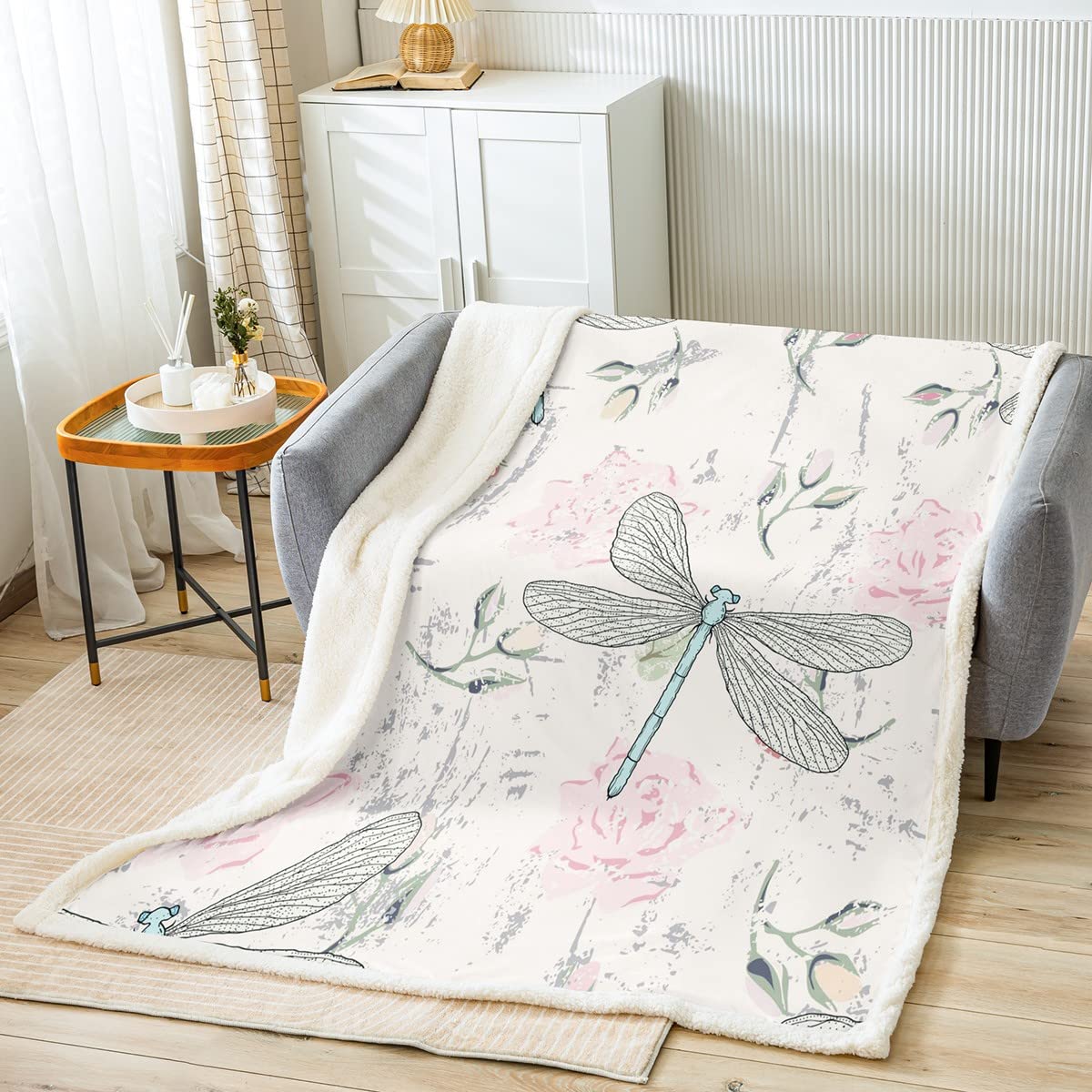 Loussiesd Kids Dragonfly Throw Blanket Rose Dragonfly Fleece Sherpa Blanket for Bed Sofa Pink Rose Floral Fuzzy Blanket Retro Flower Plush Blanket Single 50x60 Inch