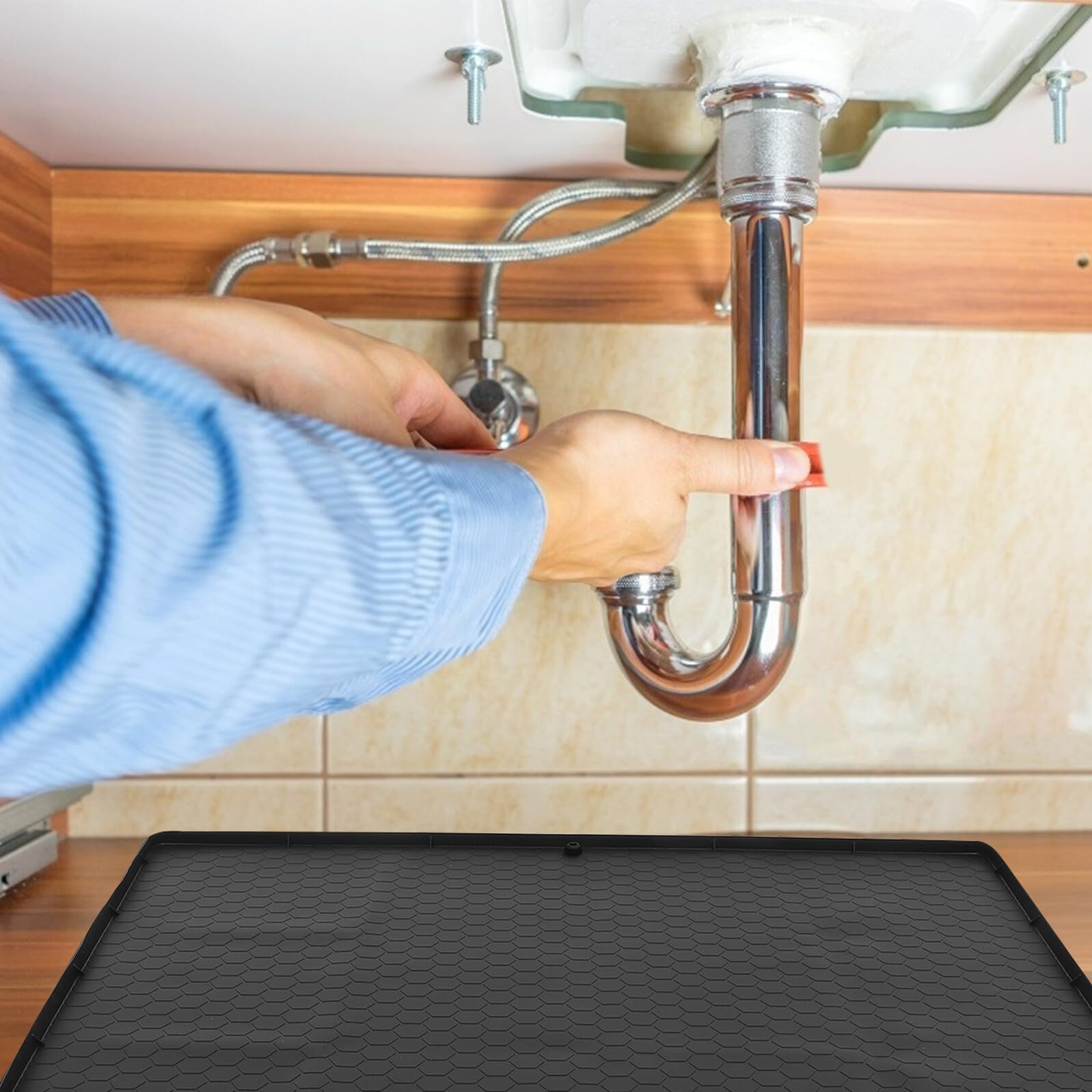 ERINGOGO Alfombrilla Filtraciones Fregadero de Cocina Debajo el del y para Baño Gabinete Revestimiento de Goma Negro de 23.6x23.6 Pulgadas Que Protege Previene