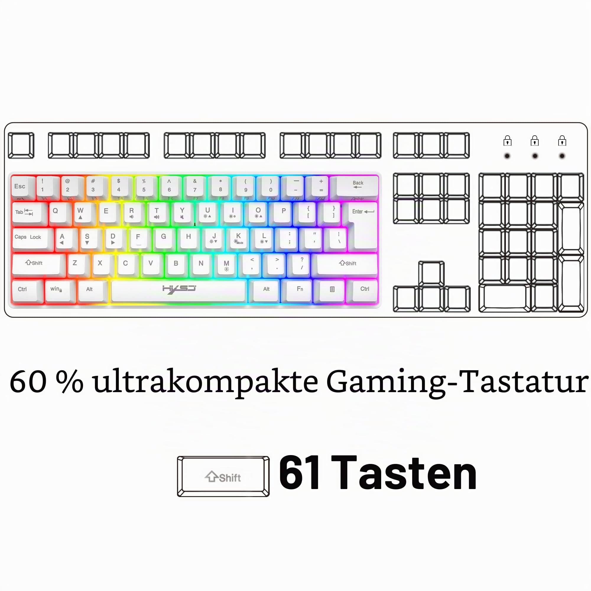 Gaming-Tastatur, 60% kabelgebunden, kompakt, 61 Tasten, 11 RGB-Effekte mit vollen Tasten, Anti-Ghosting, kabelgebundene leichte Gamng-Maus, 2400 DPI, optische Wabenmaus, RGB-Headset und Mauspad
