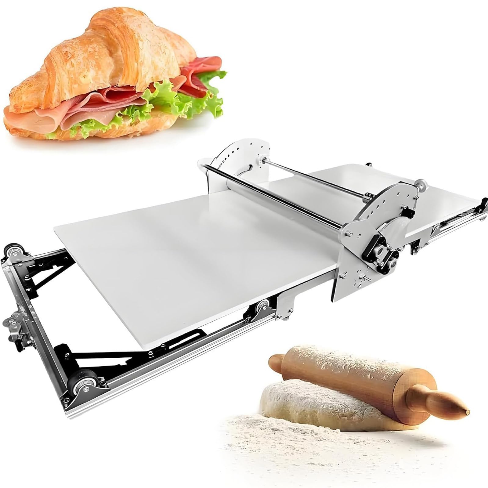 Macchina per La Pasta Elettrica, Sfogliatrice Automatica per Pasta Sfoglia, Struttura in Acciaio Inox, Spessore Da 2 a 30 Mm Controllo, Con Tagliere Da 40×17,7 Pollici per Croissant, Pasta Fresca
