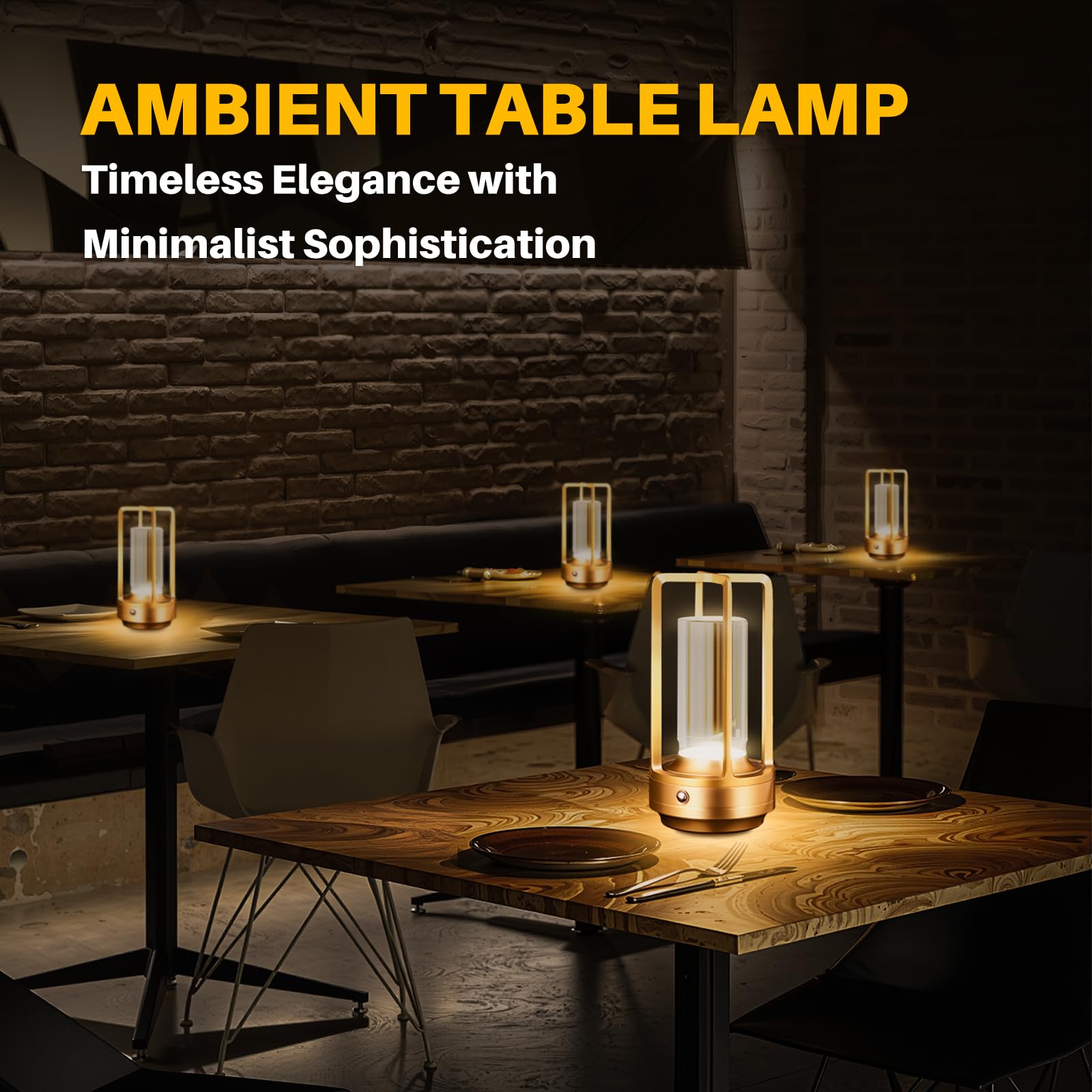 Lámpara de mesa recargable inalámbrica, 3 colores, cristal, atenuación continua, para dormitorio, cafetería, campamento, bar, mesa de comedor, restaurante, dorado (paquete de 2) 7