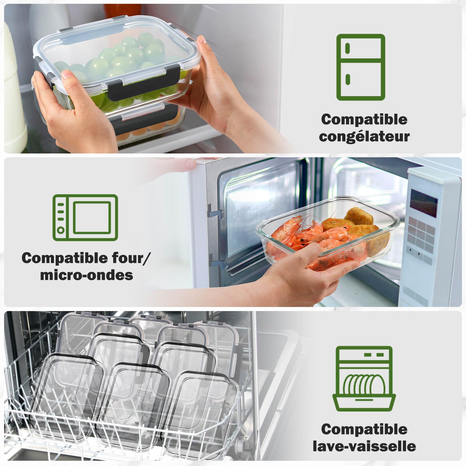 YASHE Boite Alimentaire Verre avec Couvercle Hermétique - Lot de 10 Lunch Box Verre Réutilisables, Sans BPA, Compatibles Micro-ondes, Four, Lave-vaisselle, Congélateur