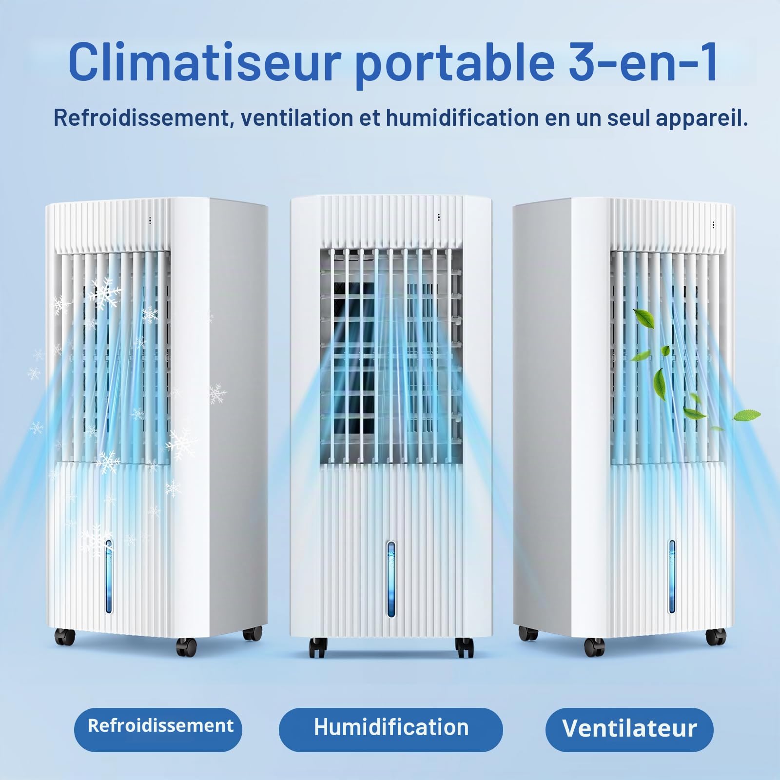 Antarctic Star Climatiseur portable sans fenêtre avec 3 modes et 3 vitesses, réservoir de 1,5 gallon pour 15 heures de refroidissement, oscillation à 140°, télécommande