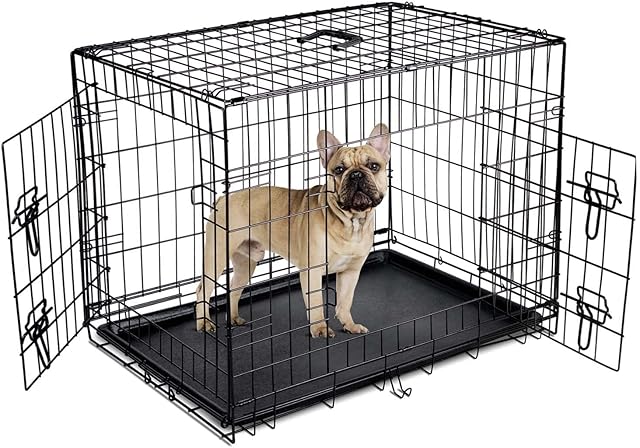 Dog Puppy Cage Folding 2 Door Crate with Plastic Tray Medium 30-inch Black