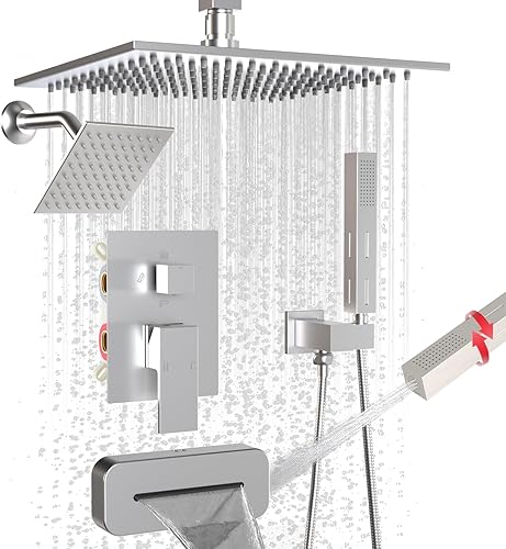 Vista 53 de Enga Sistema de ducha con chorros corporales de 12 pulgadas, ducha de lluvia montada en la pared y pulverizadores de mano de latón de cuerpo