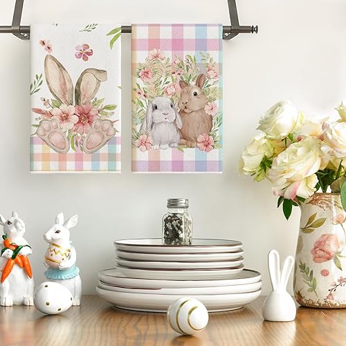 Miniatura 2 de Artoid Mode Juego de 2 toallas de cocina de Pascua con diseño de conejo, diseño de búfalo beige, 18 x 26 pulgadas