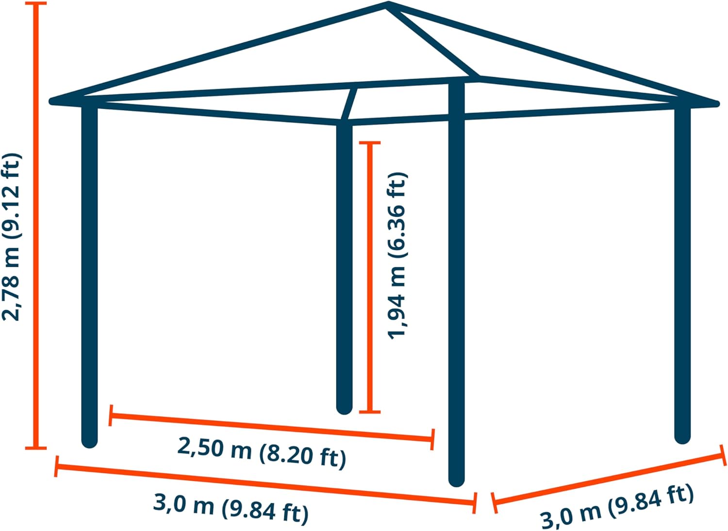 Diagram showing the dimensions of the 3x3 meter gazebo: 3.0m width, 3.0m depth, 2.78m total height, 1.94m entry height.