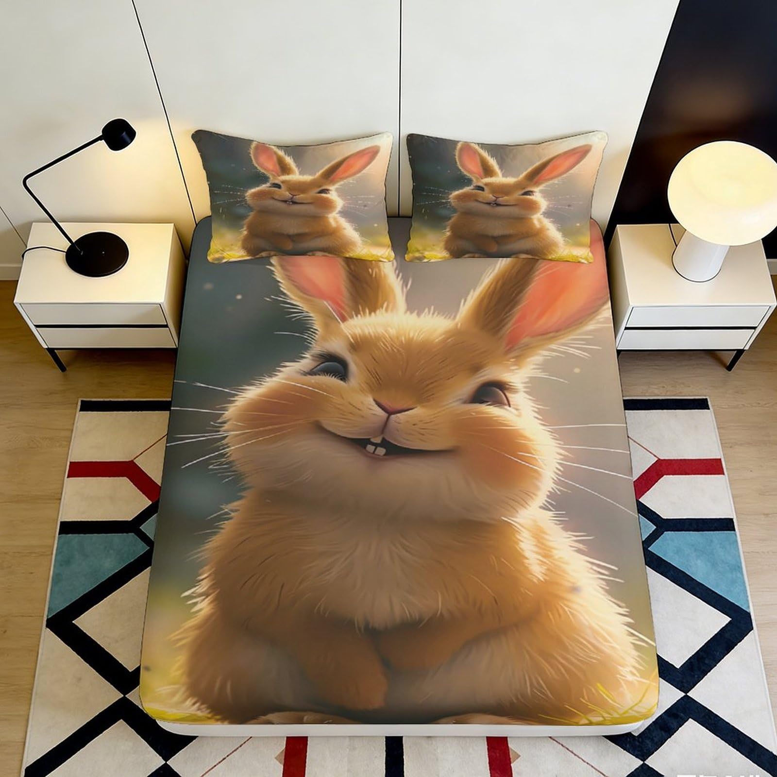 3D Printed Cute Bunny Fitted Sheet Microfiber Soft Breathable Cartoon Rabbit Mattress Cover for Bedroom Dormitory Guest Room Mattress Protection Decor 180x200x25cm