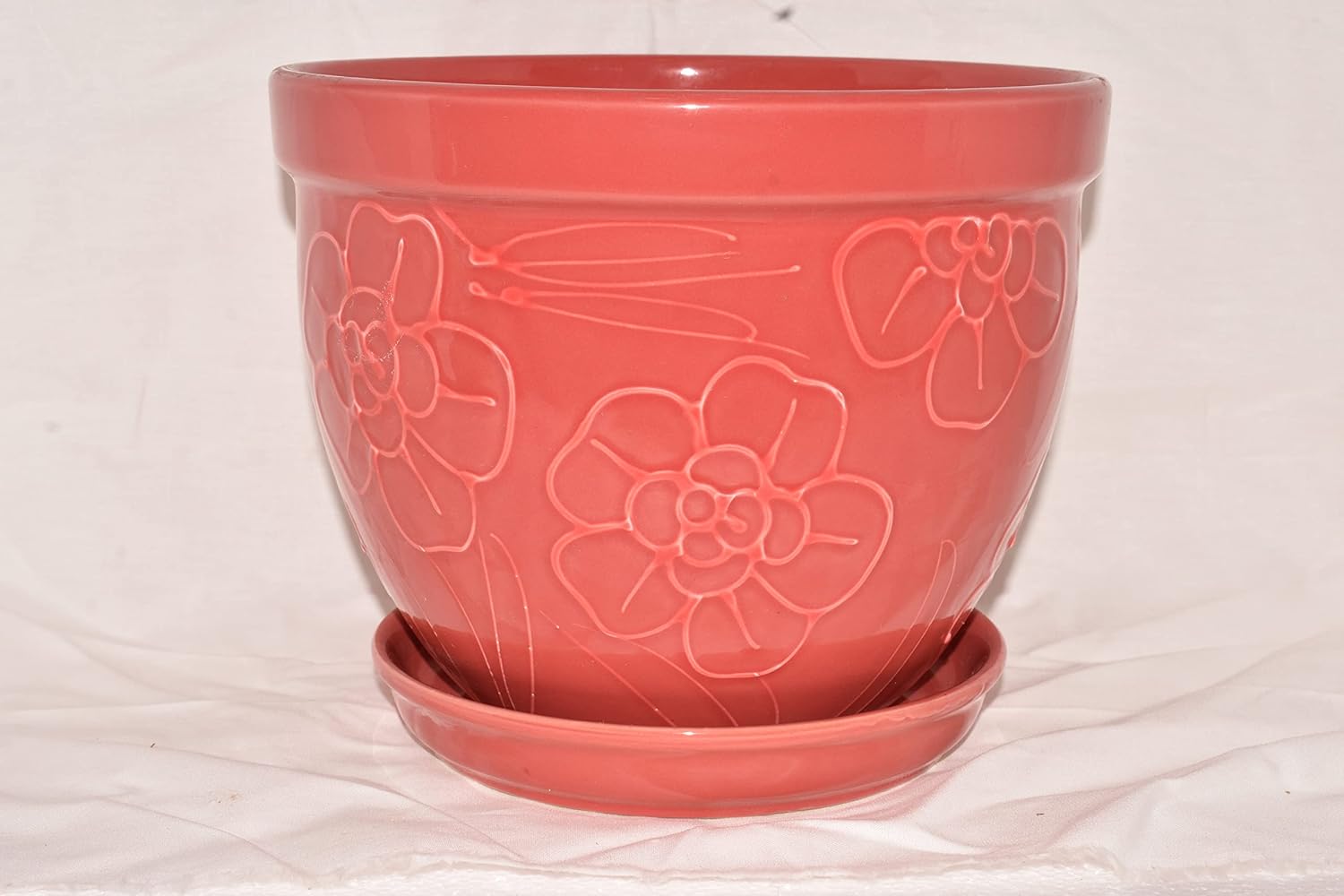 New 9" Raised Flowers & Stems Salmon Color Planter Plant Pot & Saucer