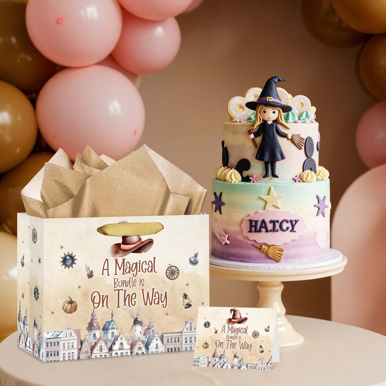 Magical Wizard Baby Shower Birthday Gift Bag for Baby Girls A Magical Bundle is On The Way Bag with Wrapping Paper Card Large Brown Castle Witch Gift Bag for Halloween Baby Shower Party Supplies