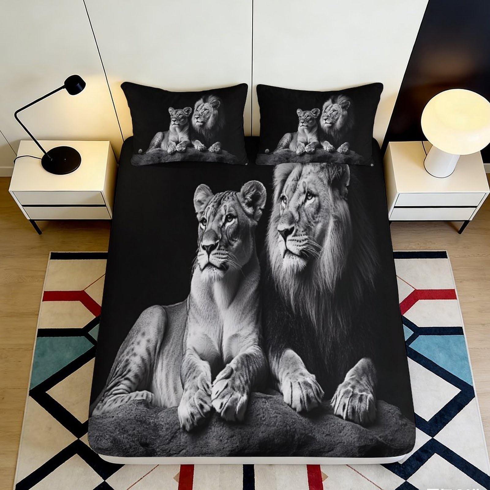 3D Printed Lion Snow Leopard Fitted Sheet, Microfiber, Soft Touch, Wrinkle Resistant, Bed Cover for Bedroom, Guest Room Decor, Apartment Bedding, Easy Care, Black, 120x200x25cm