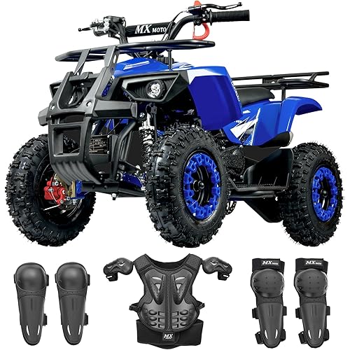 49cc Gas ATV, 4 Wheeler for Kids with Complete Safety Gear Set - Mini Quad Bike, Pull Start Engine, Disc Brake Front Rear Shock, Youth Outdoor Adventure, Blue