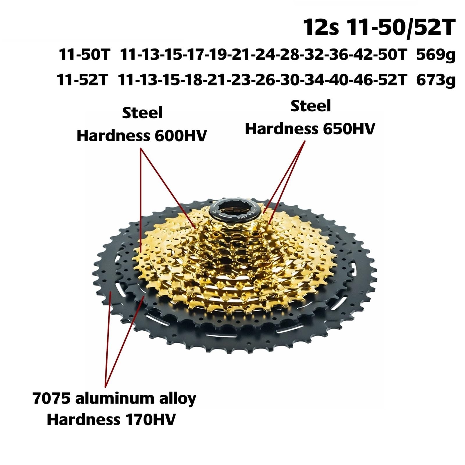 Cassettes y piñones Compatible con Cassette Ligero ZRACE Alpha de 10, 11 y 12 velocidades para Bicicleta montaña, buje Libre HG/MS/XD, 46/50/52 Dientes Cassette de Piñones