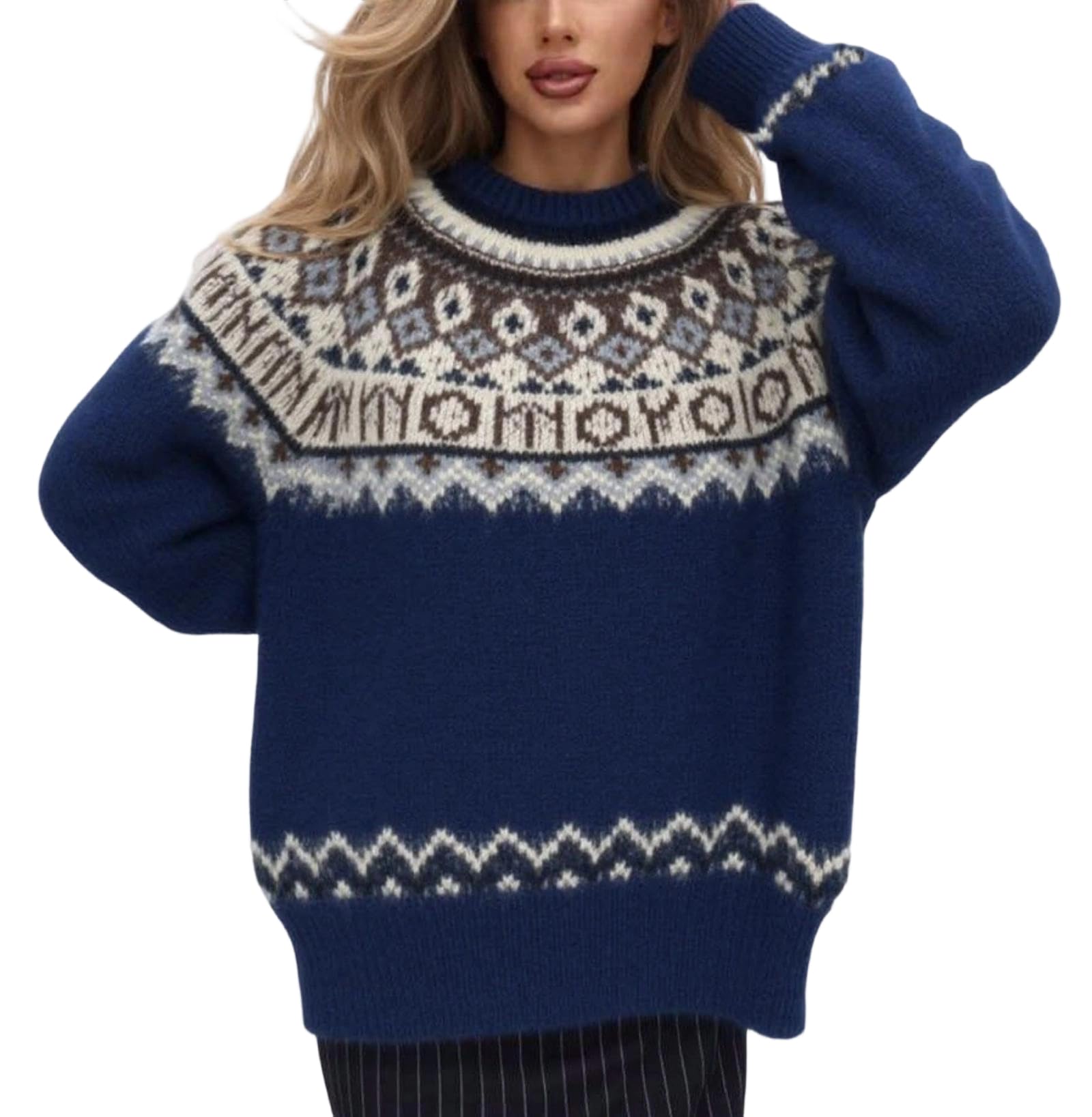 Womens Trendy 2025 Crewneck Fair Isle Sweaters Retro Argyle Long Sleeve Knit Pullover Tops Fall Colorful Boho Sweater