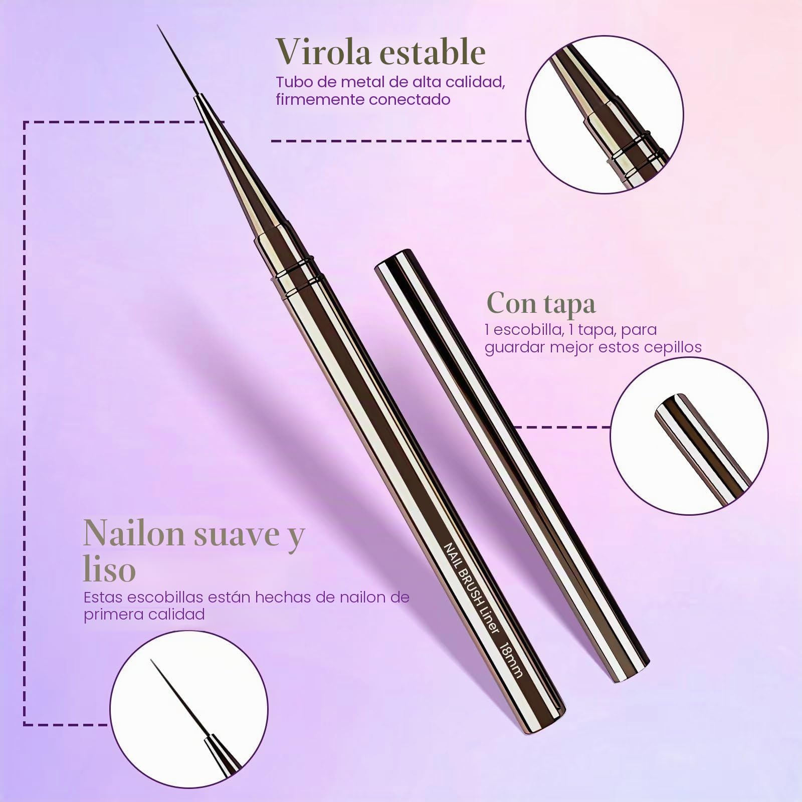 Lokaloka 6/9/12/15/18mm Pinceles para Uñas Fino de Gel Nail Art Decoracion con Tapa, 5 Piezas Pincel Semipermanente Acrilica Profesional Construcción Kit Manicura Francesa Set