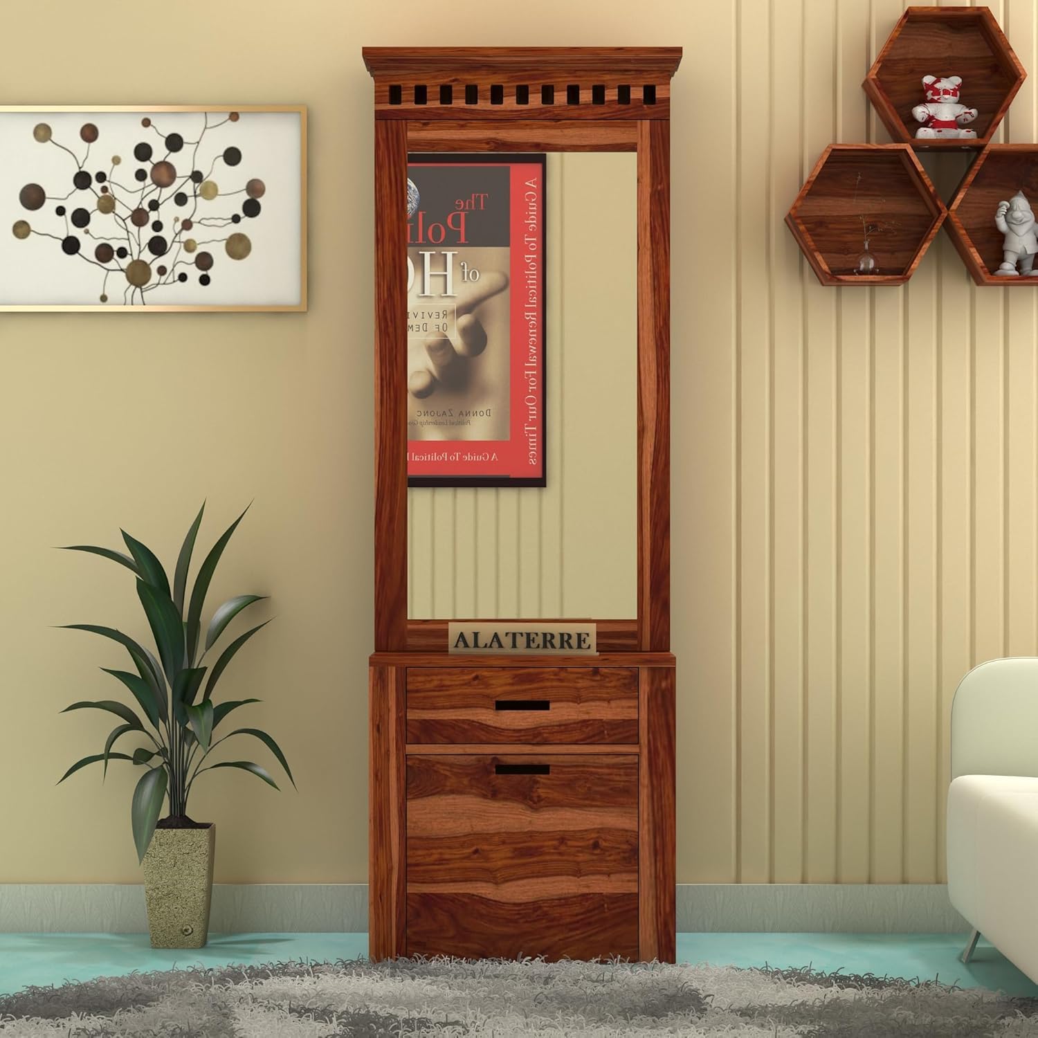 SOULMATE GALLARY Wood Dressing Table with Mirror and Storage, Wooden Dressing Table with Stools, Dressing Table with Drawer and Shelve Bedroom Furniture, Honey Finish-picture-13