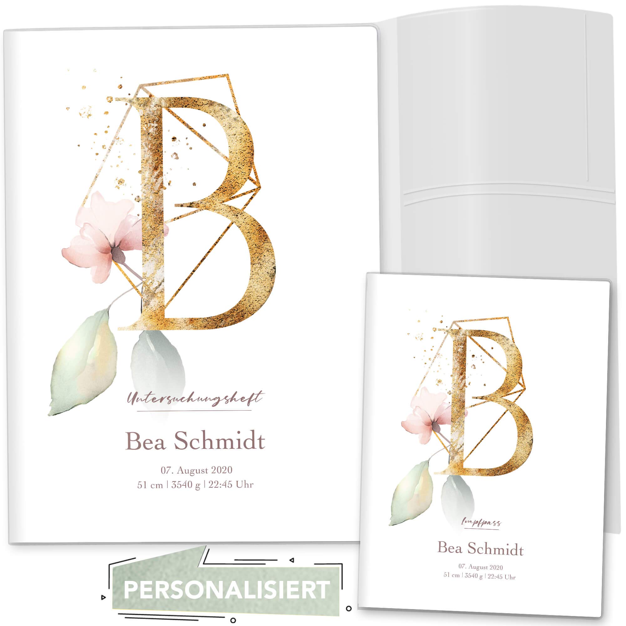 OLGS U-Heft und Impfpasshülle 3-teilig Set individualisiert Buchstabe Untersuchungsheft Hülle & Impfpasshülle Geschenkidee personalisierbar mit Namen, Geburtsdatum (Uhefthüllen, personalisiert, 06)